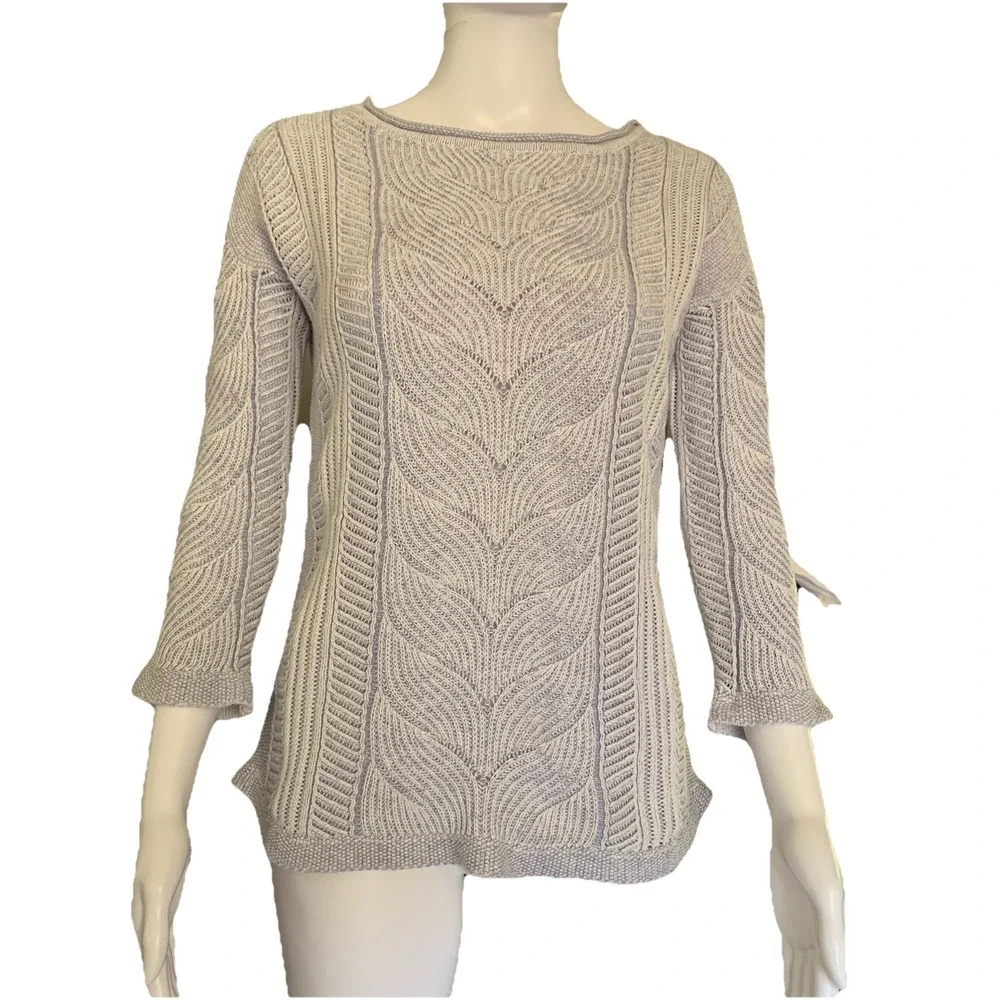 Orvis Sweater light purple Marled Cotton Cable Textured 3/4 Sleeve Lightweight S